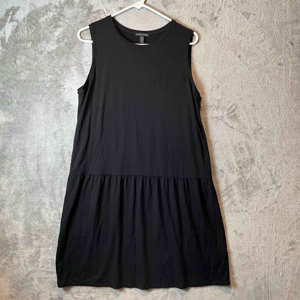 Eileen Fisher Black Tencel Jersey Drop Waist Mini Dress Size Medium Minimalist